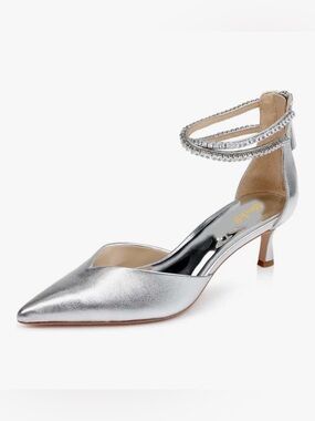 MISS LEFT Women Sparkly Rhinestone Ankle Strap Pumps Low Kitten Heel